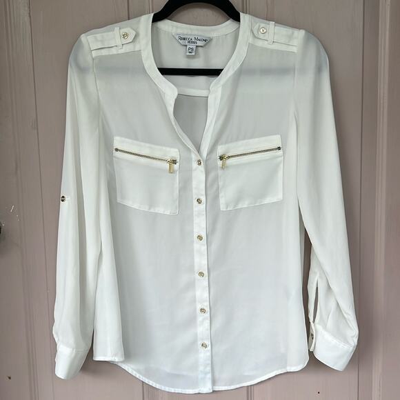 Rebecca Malone Sheer White Petite Blouse with Gold Accents - Picture 1 of 6